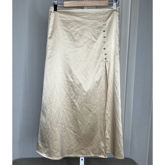 Mable Satin Midi Skirt Nude Beige Color Deep Slit Buttons Zip Closure Size M - Picture 2 of 8